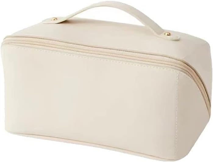 Large-Capacity Travel Cosmetic Bag, Leather Makeup Bag Waterproof Portable Cosmetic Bag Toiletry Bag for Skincare Cosmetics Toiletries With Handle and Divider Bag (White)