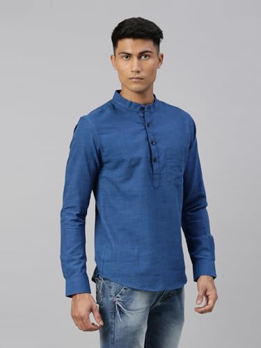 Image of KRYPTIC Men's Full Sleeve Regular Fit Short Kurta in Premium Pure Cotton with Patch Pocket and Mandarin Collar - Perfect Blend of Style and Comfort