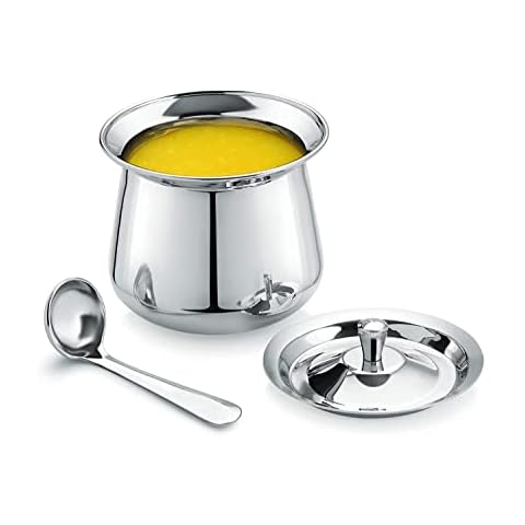 GALOOF Stainless Steel Oil and Ghee Pot Container with Lid and Spoon | Multipurpose Baby Handi for Oil, Ghee & Pickel (220 ml) Cover