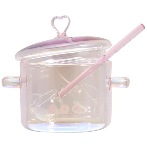 GALPADA Olla de Vidrio para Cocción a Fuego Lento 1500 Ml con Doble Asa Color Rosa Cacerola Transparente para Sopa y Ramen con Cuchara de Vidrio Adecuado para Cocina Doméstica