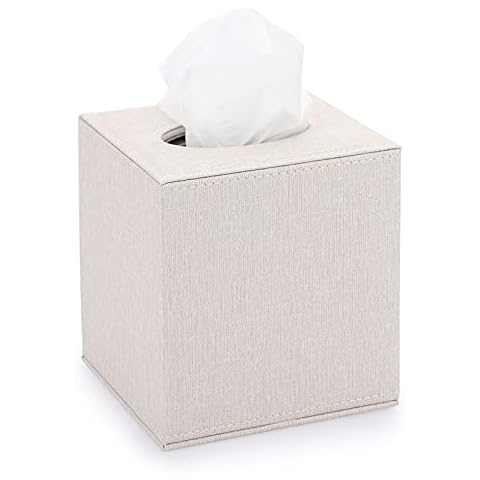 Sumnacon Square Linen Tissue Box Cover - Stylish Cube Tissue Box Holder with Magnetic Bottom, Decorative Tissue Box for Vanity Toilet Tank Dresser Night Stand Table Countertop Office Car, Beige Cover
