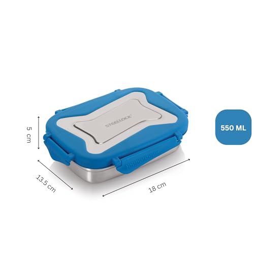 Image of STEELLOCK Smart Stainless Steel Tiffin Lunch Box for Kids and Adults | Airtight & Leakproof | Rectangle Tiffin Box for School & Office with Steel Lid | Blue 550ml - 2pc