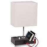Fully Dimmable Table Lamp for Bedroom Dual USB Port - EVISTR Bedside Lamp for Nightstand Desk Lamps with Charging Station 2 Power Outlets, Fabric Lampshade LED Bulb Included (Black/White)