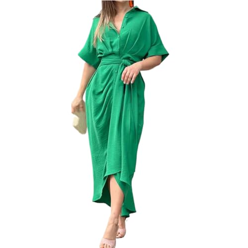 Spring Button Belted Party Women Dress Summer Sleeve Irregular Office Turn-Down Collar Shirt Lady Dresses