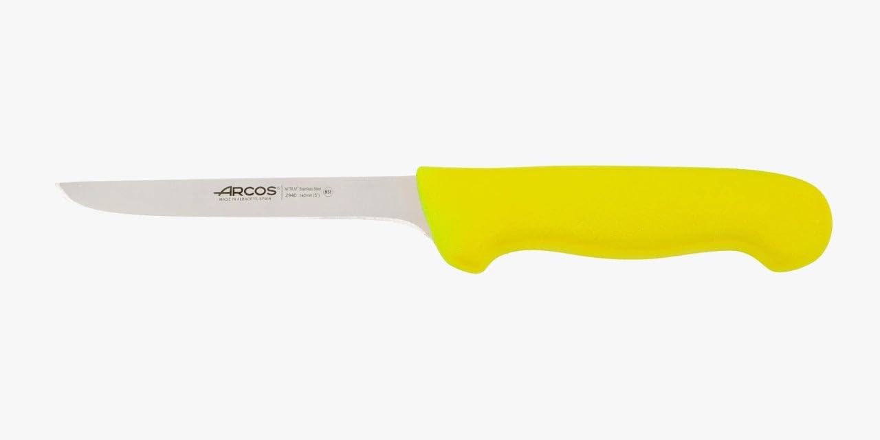 Arcos Boning Knife 5 Inch Nitrum Stainless Steel and 140 mm blade. Professional Butcher Knife to Slice Bones from Meat. Ergonomic Polypropylene Handle. Series 2900. Color black.