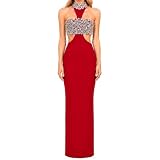 Women's Red Rhinestone Halter Neck Maxi Evening Dress Open Formal Gown XL
