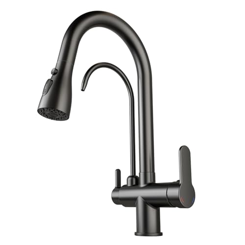 Kitchen Sink Faucet with Pull - Down Sprayer 2 - Handle 3 - in - 1 Kitchen Sink Filter Faucet Cold and Hot Mixer Drinking Water Faucet (3-in-1 Filter Faucet Black)