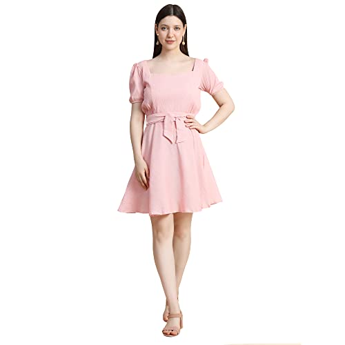 Image of KERI PERRY Women's Peach Cotton Blend Solid Fit & Flared Western Dress | Dress for Women | A line Dress | Winter Dress | Western Dress | Women Dress | Trendy Dress | Midi Dress