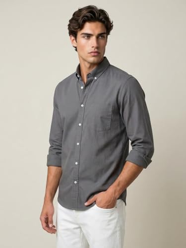Image of Urbano Fashion Men's Cotton Full Sleeve Regular Fit Solid Oxford Shirt with Button-Down Collar