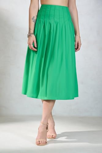 Cotton Skirt Midi Length Solid Green Colour Flared Fit Skirt2