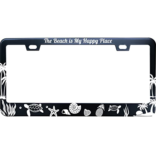 Xhuizio Place Sea Turtle Starfish Seaweed The Beach Is My Happy License Plate Frame For Women/Men, Black Stainless Steel Car Tag Frame, 6"X12" 2 Holes & Screws Fits Standard Us/Ca #TOP25