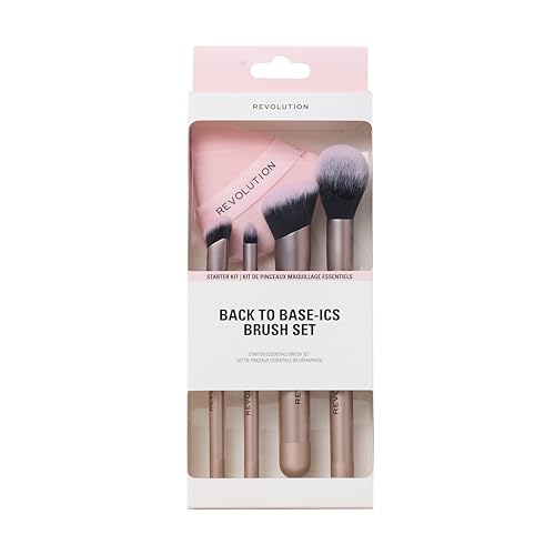 Revolution Back To Base-ics Starter Essentials Brush Set, Coffret de 4 pinceaux essentiels pour fond de teint, correcteur & blush, végane