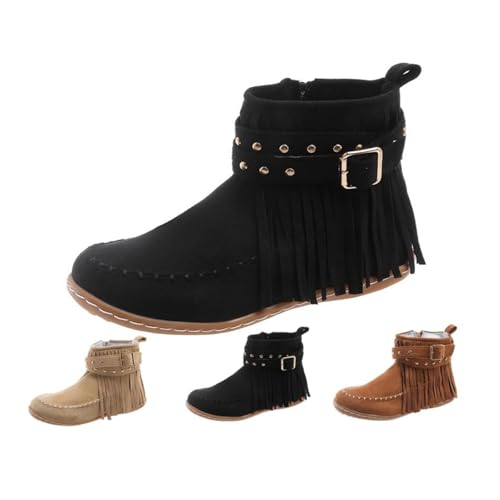 Women's Casual Vintage Fringe Boots Lightweight Comfy Suede High Top Booties Casual Short Booties Side Zip Flat Winter Boot
