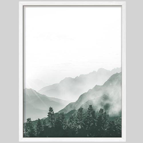 SIGNWIN Framed Poster Mountain Mist Peaceful Mountain Range with Misty Forest Illustrations Nature Wilderness Minimalist Decorative for Living Room, Bedroom, Office - 8"x10" White