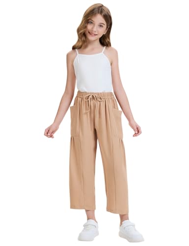Image of COZYPOIN Girl's Wide Leg Pants Elastic Waist Loose Fit Flowy Casual Beach Palazzo Harem Trousers with Pockets 5-14 Y