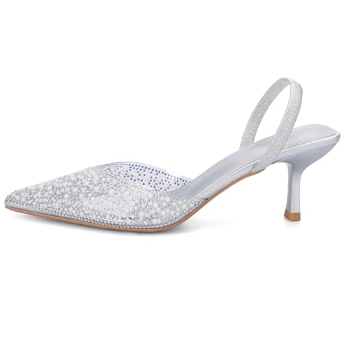 Image of YIYA Women's Clear Slingback Heels with Pearl Studded Pointed Toe Kitten Mid Heels Sparkly Rhinestone Slip On Wedding Party Shoes