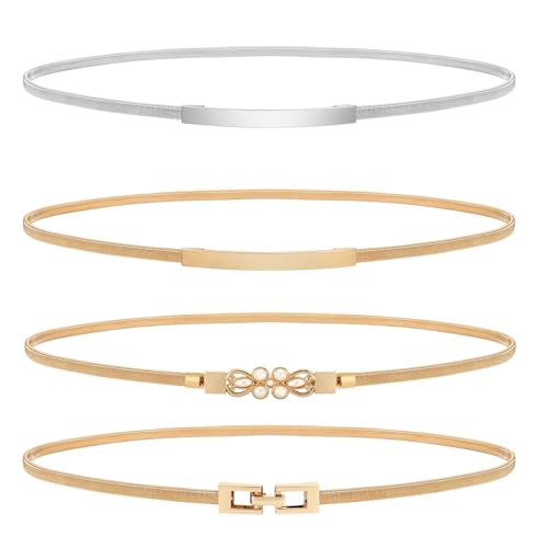 JASGOOD 4 Pack Women Skinny Metal Waist Belt Gold Waistband Elastic Metal Chain Waist Belt for Dress