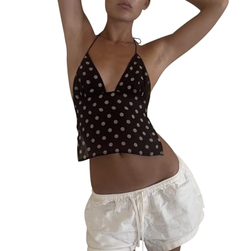 Women Sexy Camisole Top Sleeveless Backless V-Neck Polka Dot Print Tank Top Y2k Coquette Halter Neck Cami Crop Top