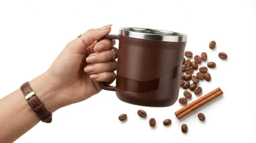 Image of XMART India Insulated Stainless Steel Coffee Mug with Lid - 300ml Double Wall Tea & Milk Mug for Travel, Home, Office, Restaurant Stylish, Leakproof, Drinkware Gifts for Woman,Man (1, Brown)