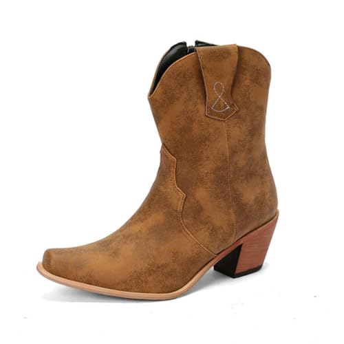 Women's Fashion Walking Ankle Boots Side Zipper Square Toe Block Heel Western Cowboy Low Chunky Leather Booties