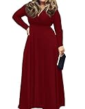 POSESHE Women's Plus Size Solid V-Neck Long Sleeve Evening Party Maxi Dress (3 Plus, 01 Wine Red)