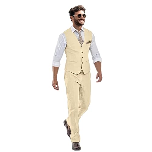 Mens Linen Suit Slim Fit Wedding Suits Men 2 Piece Suits Groomsmen Tuxedos Casual Summer Beach Prom Suits Vest Pants