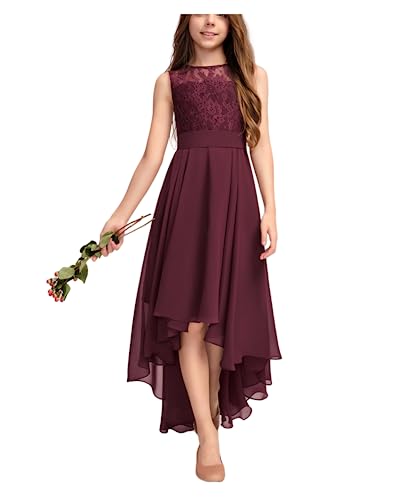 Junior Bridesmaid Dress for Teen Girls, Flower Girl Dresses Formal A-line Scoop Asymmetrical Chiffon Lace