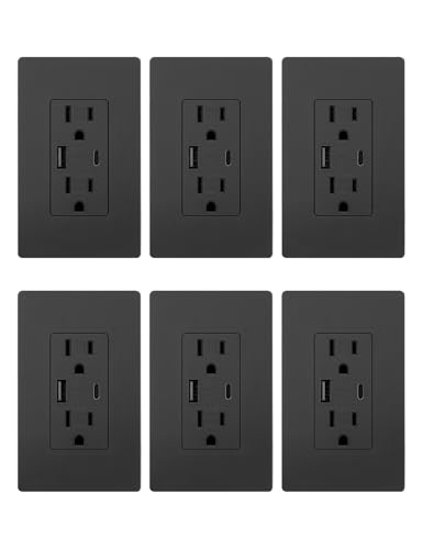 MOES USB Outlets(UL Certified) Type-C & USB-A Ports 5VDC 4.8A Fast Charging 24W Tamper-Resistant Standard US Wall Box Compatible Screwless Wall Plate Included 15Amp Black 6 Pack