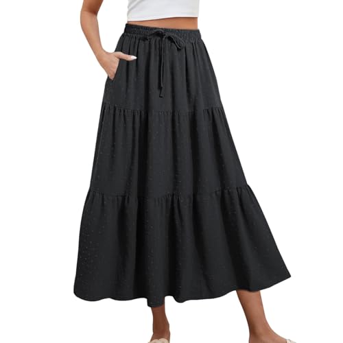Womens Boho Maxi Skirt Elastic High Waist Tiered Pleated Wedding Guest Summer Flowy Ruffle A Line Long Skirts