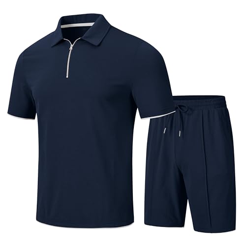 MoFiz Mens Track Suits Shorts Sets Outfit Casual 2 Piece Sets Quarter Zip Polo Shirt Short Sleeve Jogging Sweatsuit Walking Sets (Navy Large)