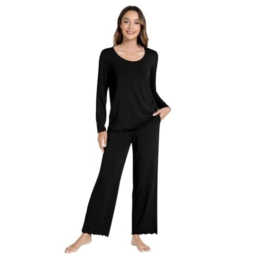 NACHILA Women's Pajamas Set-Viscose Made from Bamboo, Long Sleeve Sleepwear Top with Pajama Pants Ladies Pjs Set with Pockets Black X-Large