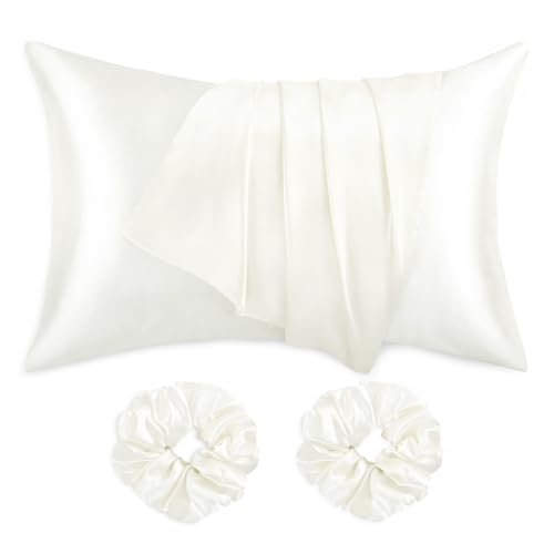 RUIKASI Silk Satin Pillowcases 2 Pack - White Pillow Cases with Hair Scrunchies for Hair and Skin, Pillow Cover with Envelope Closure 50x75