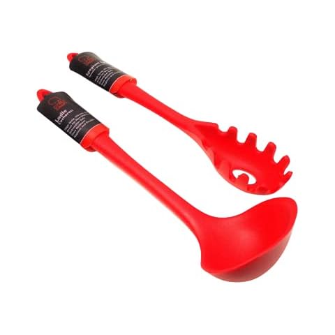 Premium Silicone Spaghetti Pasta Fork & Ladle 2-Piece Set (Red) Cover