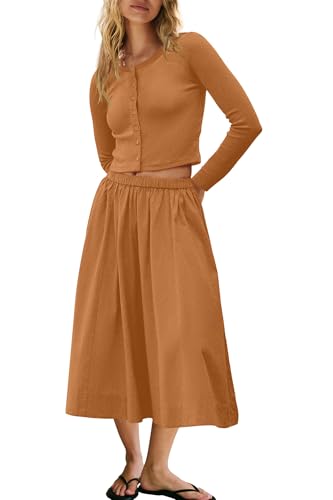 Image of Panadila Womens 2 Piece Lounge Sets Matching Vacation Outfits Ribbed Button Down Cardigan and Elastic Waist Skirt Sets