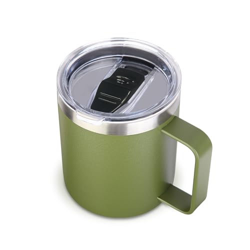 Volhoply Taza de café aislada de acero inoxidable de 14 onzas con tapa a prueba de fugas, taza de café de viaje al vacío de doble pared con asa, vasos reutilizables, tazas de camping que mantienen el