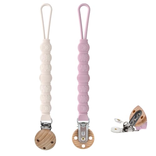 KUKUPOW Chupetero de Silicona Para Bebé 2 Piezas, Porta Chupetes Bebé con Cadena, Cadena Chupete Bebe, Chupeteros para Bebes, Cuerda Prendedor Cuelga Chupete de Seguridad Chupete(Blanco y Rosa)