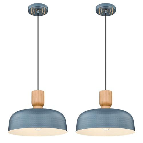 Image of Darkaway Dusk to Dawn Industrial Pendant Light Fixtures Ceiling Hanging with Hammered Metal Shade, 2pcs Blue Pendant Light for Outdoor Porch Lighting Hanging Lamp Adjustable Height