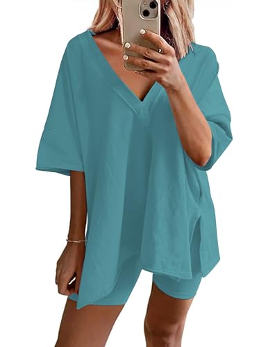 Image of Ekouaer Womens Pajamas 2 Piece Lounge Sets Oversized V Neck T-Shirts Tops Biker Shorts Set Workout Reversible Tracksuit S-XXL