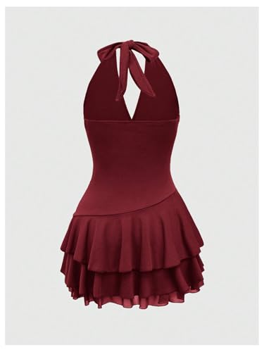 Image of Verdusa Women's Plus Size Halter Mini Dress Ruched Ruffle Y2K Hippie Dress Western Outfits Boho Dresses