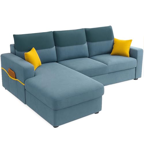 Image of Furny Tokiaa 4 Seater Fabric LHS L Shape Sofa Set (Sky Blue) | Soft Velvet Fabric | Modern Design | Comfortable Seating | Living Room Furniture