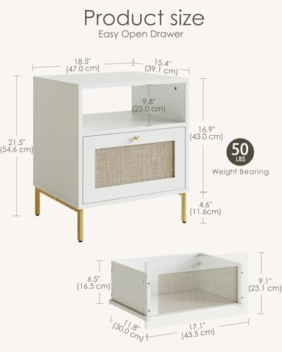 Image of Extra Large Nightstand Rattan Night Stand, Modern Side Table Boho Farmhouse Wood Bedside Table with Storage Drawer and Open Shelf,Large End Table for Bedroom,Living Room,Office(White)