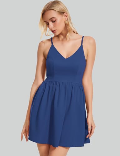 ROYLAMP Women's Casual Spaghetti Strap Dresses Elegant V-Neck A-line Swing Petite Tiered Short Mini Dress with Pockets2