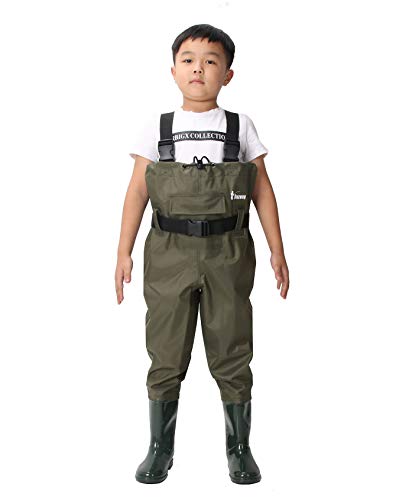 Ouzong Chest Waders for Kids, Lightweight Cleated Nylon and PVC Fishing Bootfoot Chest Waders for Boy and Girl, Army Green Waterproof Chest Waders for Children