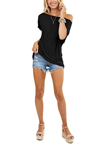 REVETRO Womens Sexy Off The Shoulder Tops Summer Short Batwing Sleeve Loose T-Shirts3