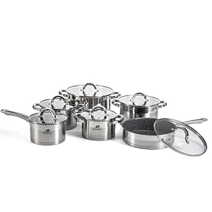 12PC Cookware Set – Saucepan Frying Pan Casserole Stainless Steel Cookware Non Stick Kitchenware Glass Lids Strong Quality Long Lasting & Durable