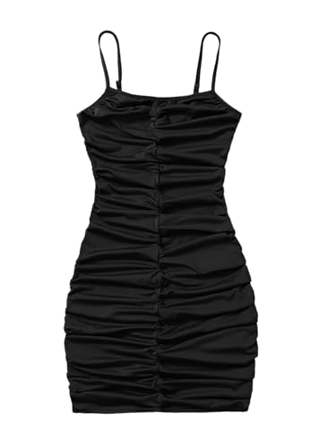 Image of GORGLITTER Girl's Sleeveless Summer Dresses Ruched Spaghetti Strap Bodycon Pencil Mini Sundress Age 8-14 Years Black 10-11Y