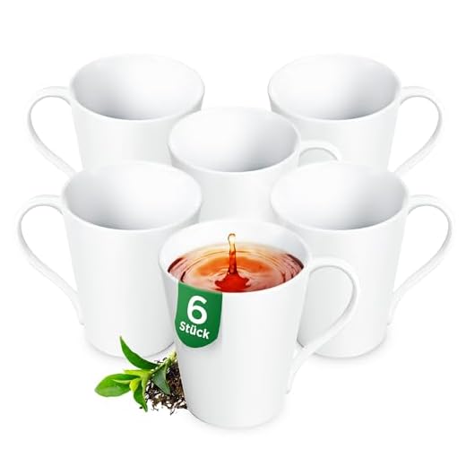 KONZEPT Juego de 6 tazas de café de porcelana, 280 ml, tazas de café para pintar, tazas de té blancas