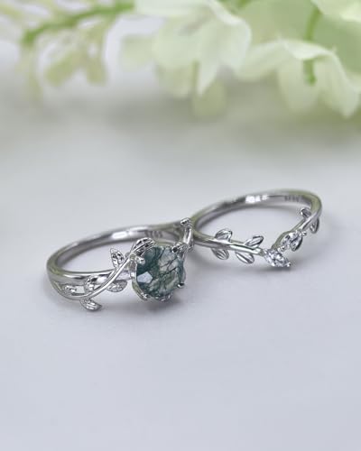 Natural Moss Agate Ring Set 925 Sterling Silver and Pear Birthstone Ring Set Leaf Birthday Engagement Wedding Promise Ring for Her Birthday Christmas Jewelry Gift for Women3