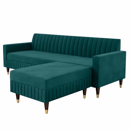 Image of AMATA Omega Solid Wood 4 Seater Ocean Blue Suede Velvet Fabric Sofa Set with Four Cushions Perfect for Home Office Guests Living Room (03 Ocean Blue 04, Omega L Shape 4 SSEATER)(3 Year Warranty)
