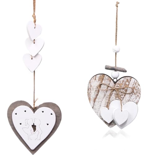 2 Stück Deko Herz Mobile, Fensterdeko Hängend Windspiel, Holz Natur Weiß Holzherz Hängedeko Deko-Anhänger 2 Stück Deko Herz Mobile, Fensterdeko Hängend Windspiel, Holz Natur Weiß Holzherz Hängedeko Deko-Anhänger